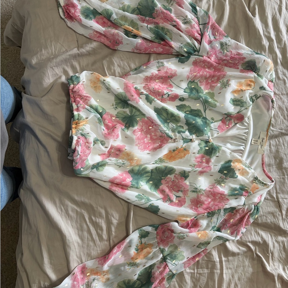 Floral Print Long Sleeve Blouse — Pink, Green, Yellow on White